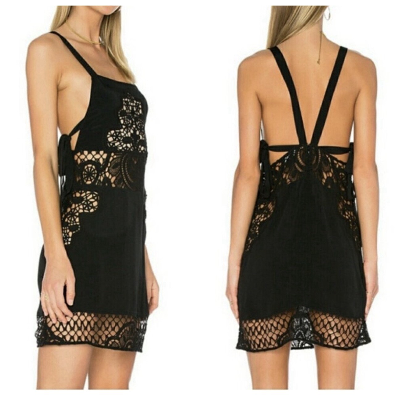 For Love & Lemons Lace Apron Mini Dress Xs Black Nude Illusion Crochet Festival